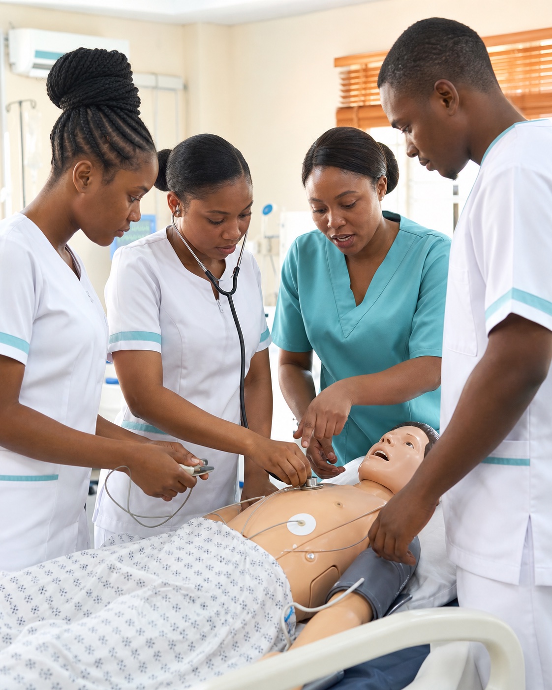 Nigerian nursing students practising clinical skills with a medical training mannequin
