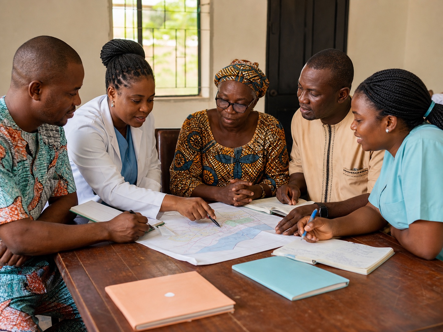 Nigerian healthcare and community representatives planning a health outreach together